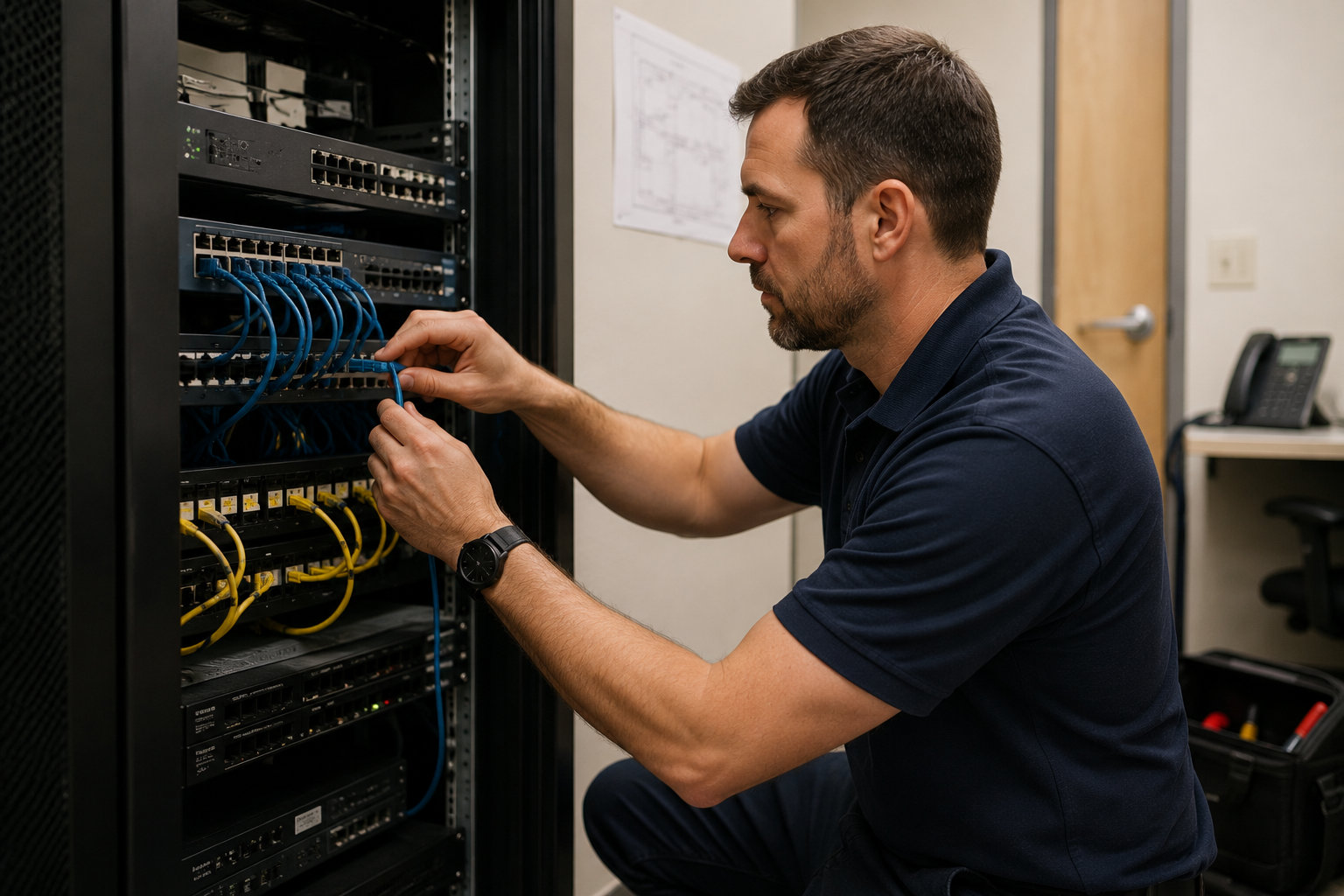 Man working on network rack in office