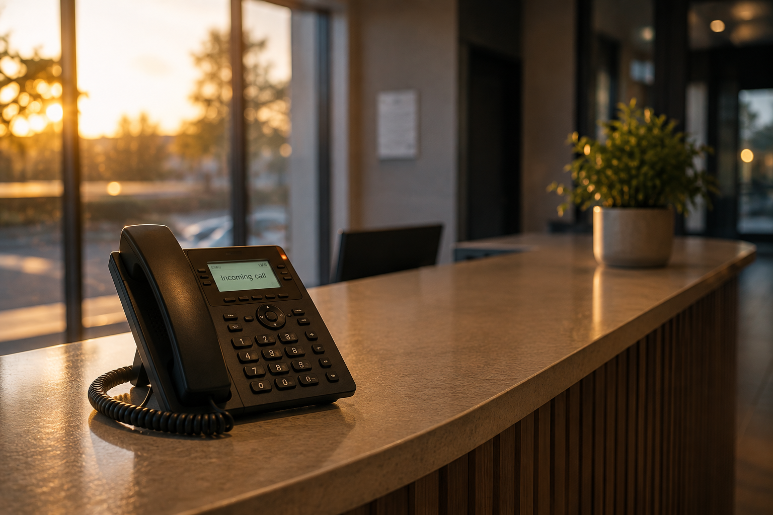 Desk phone ringing in an empty office after business hours”