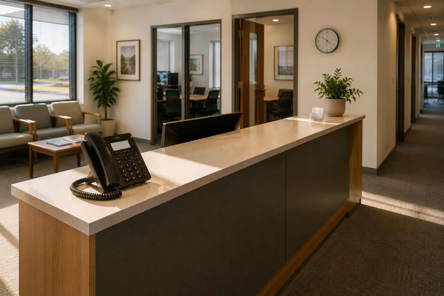 Reception desk with a business phone at a second office site