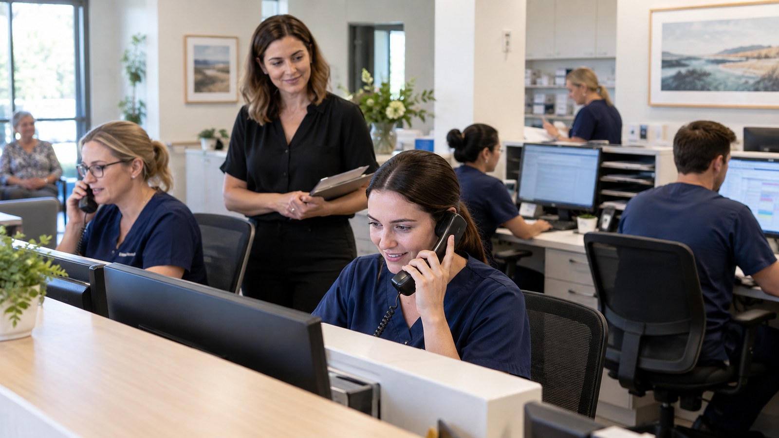 Clinic staff handling simultaneous calls at a busy reception