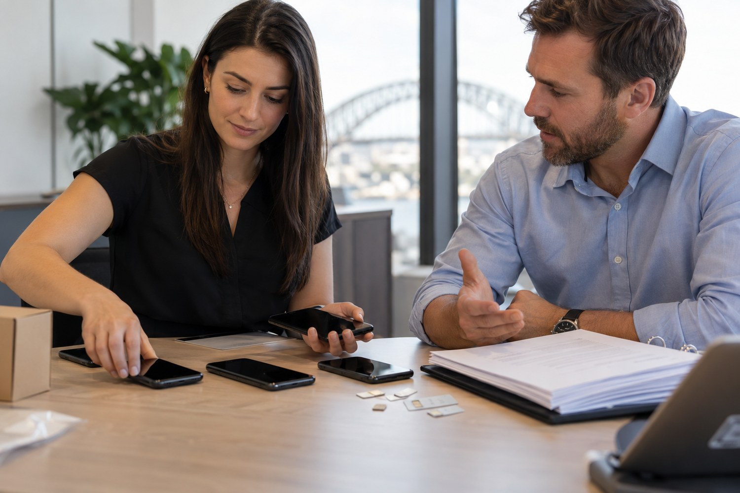 Business staff comparing work phones and account paperwork