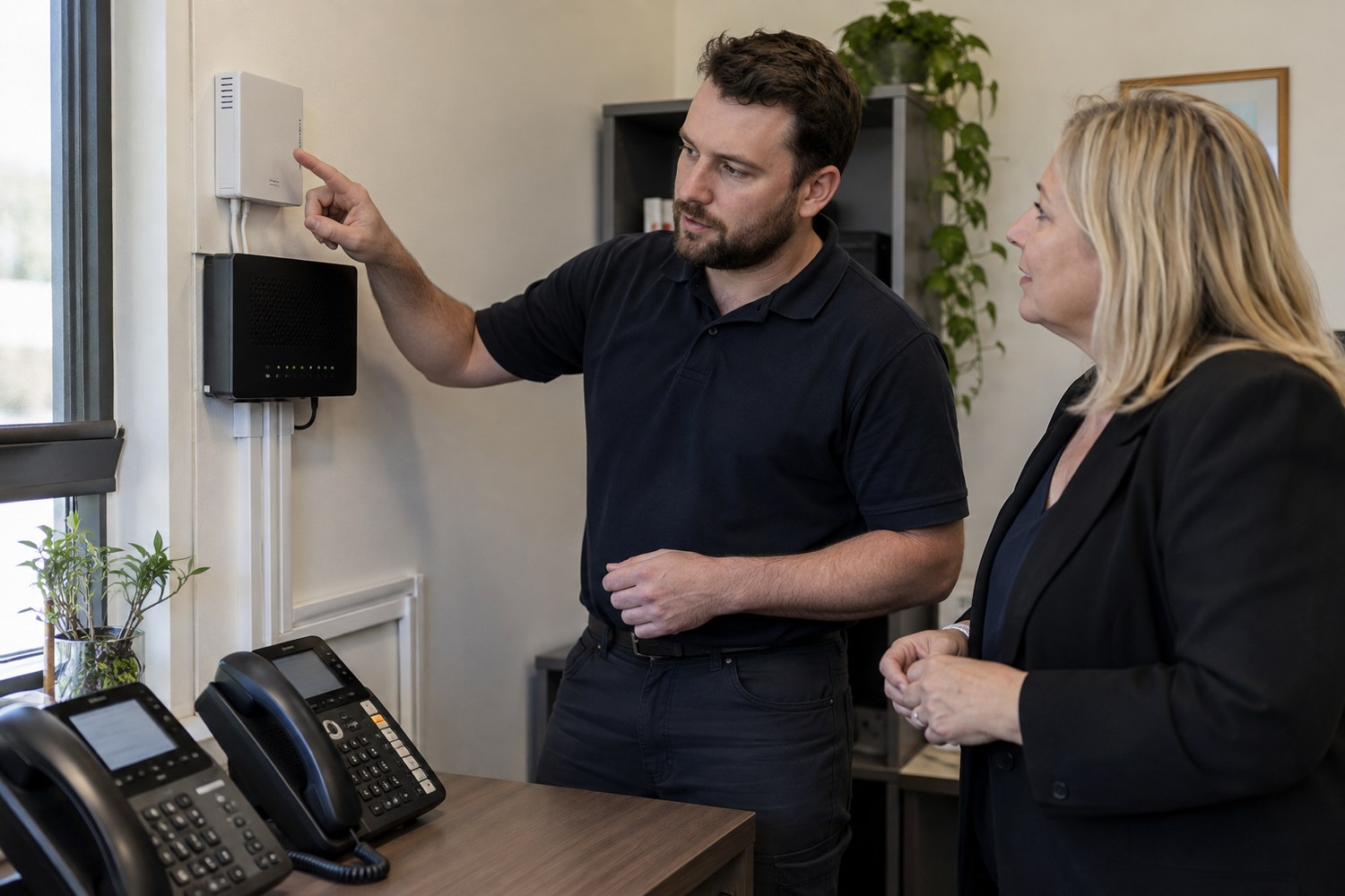 Technician discussing office internet equipment and support