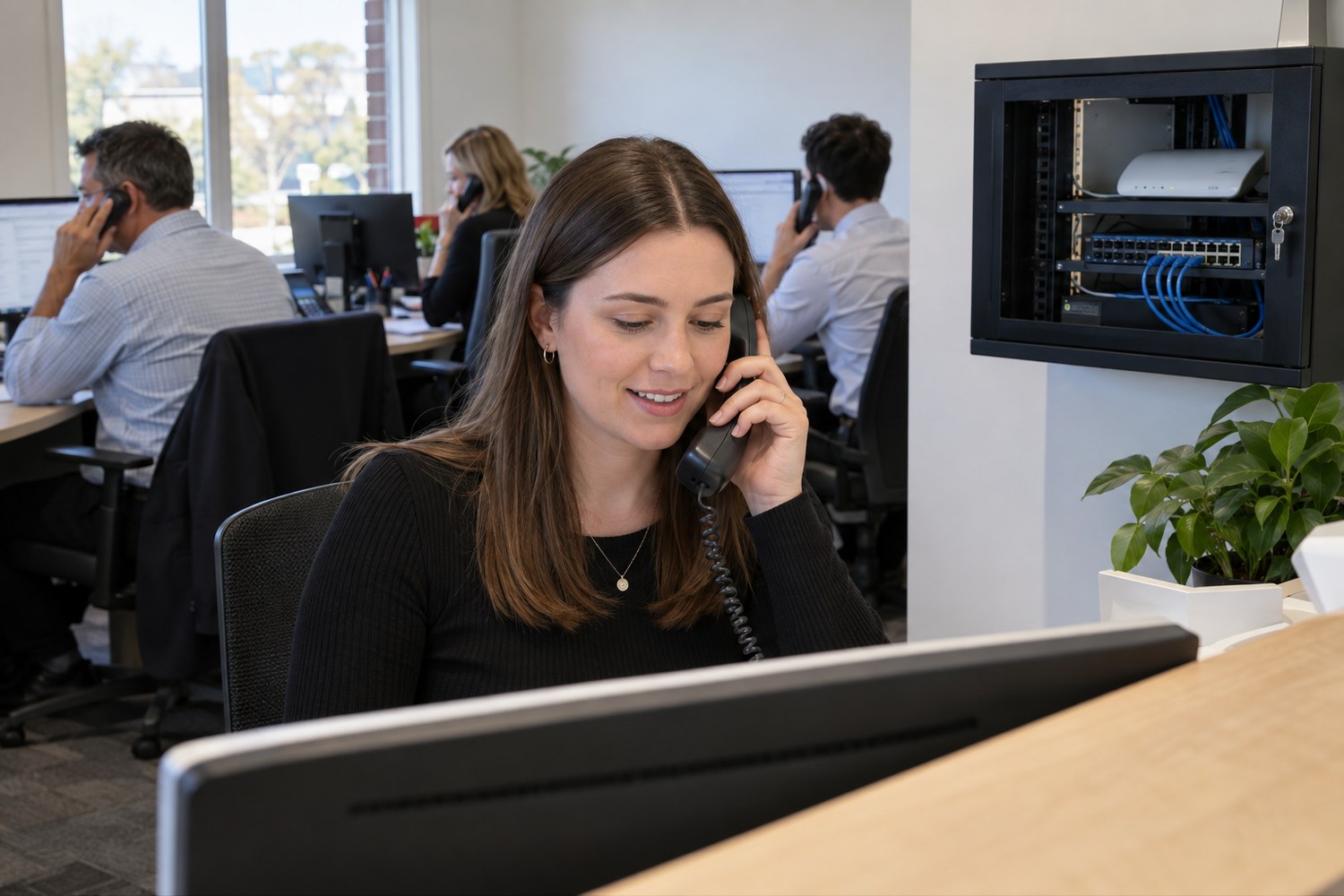 Receptionist using a VoIP desk phone in a busy office
