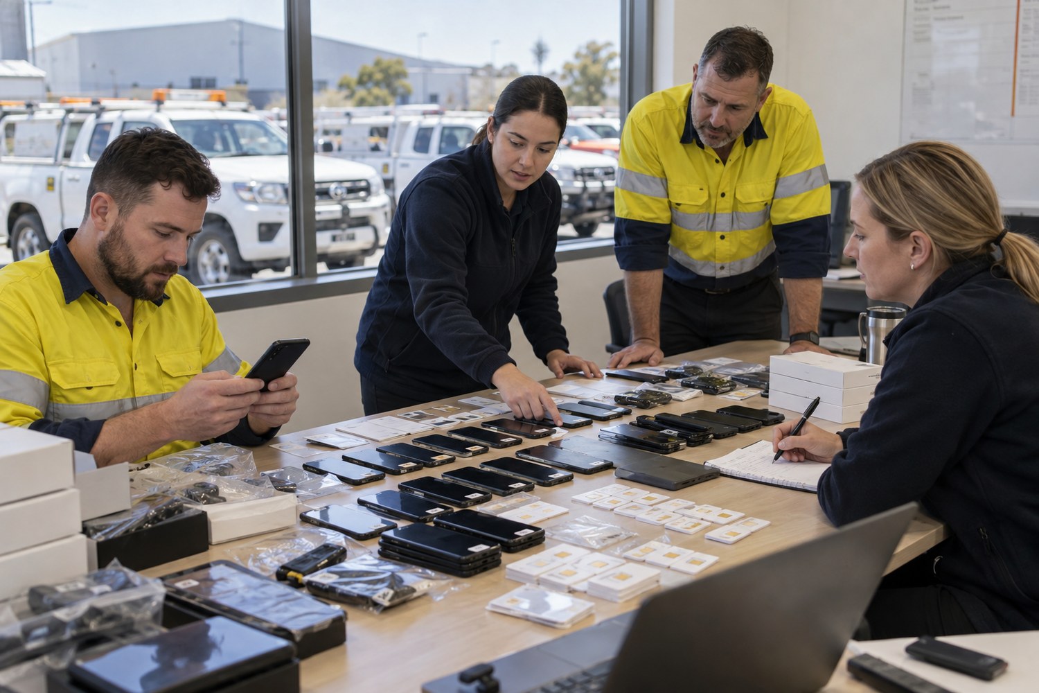 Depot team planning a staged transfer of work phones and SIMs