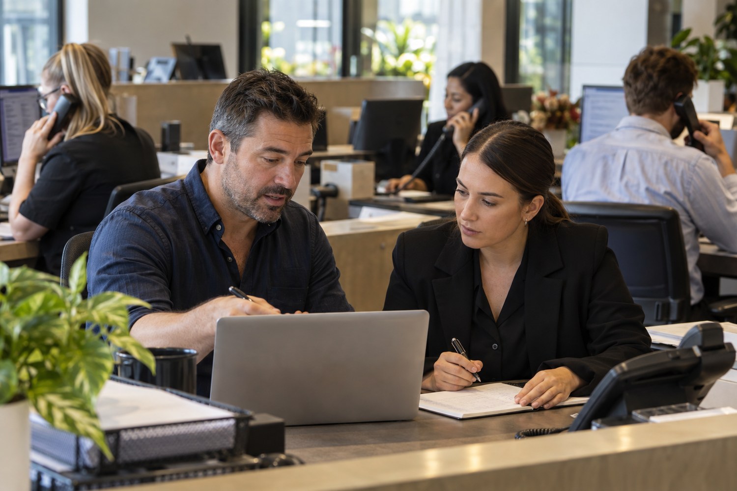 Manager reviewing busy-hour call records with a colleague