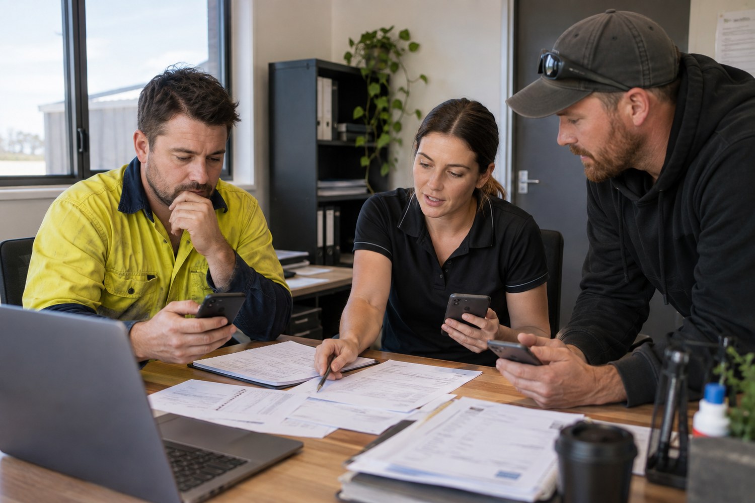 Small field-service team reviewing their separate mobile plans