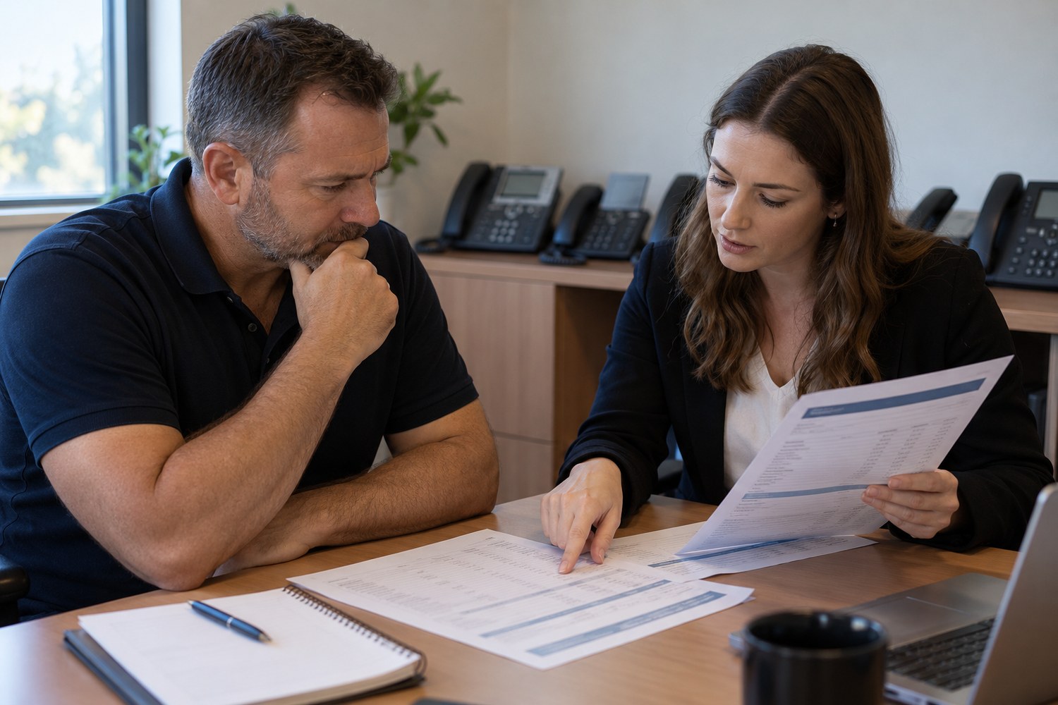 Business owner reviewing a phone service quote with an adviser
