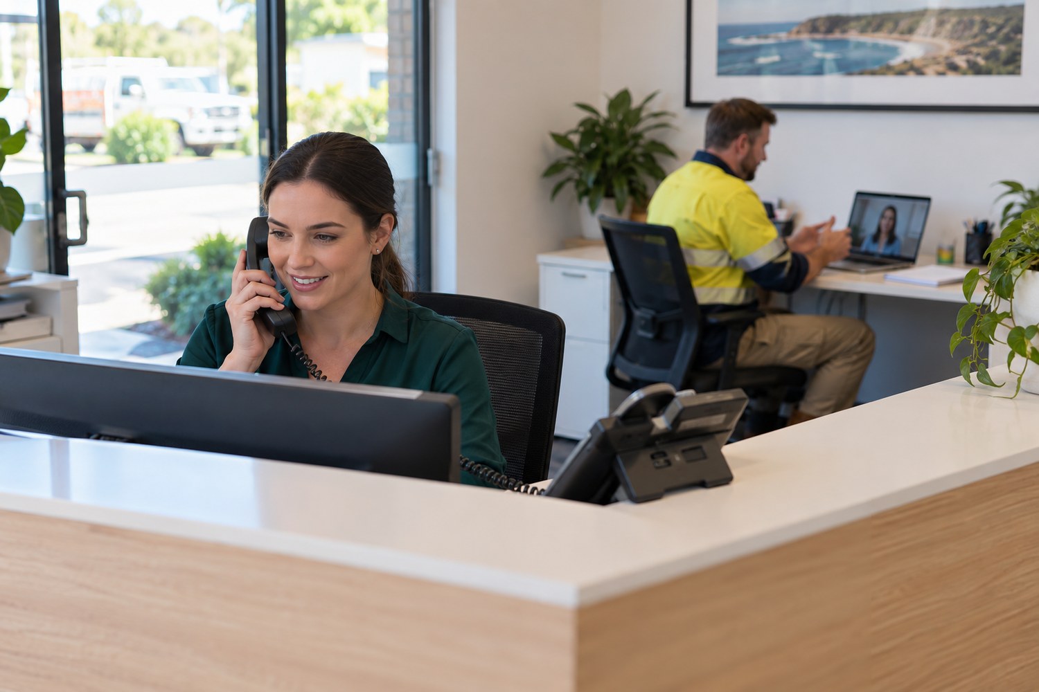 Receptionist using a desk phone while a field worker uses a laptop