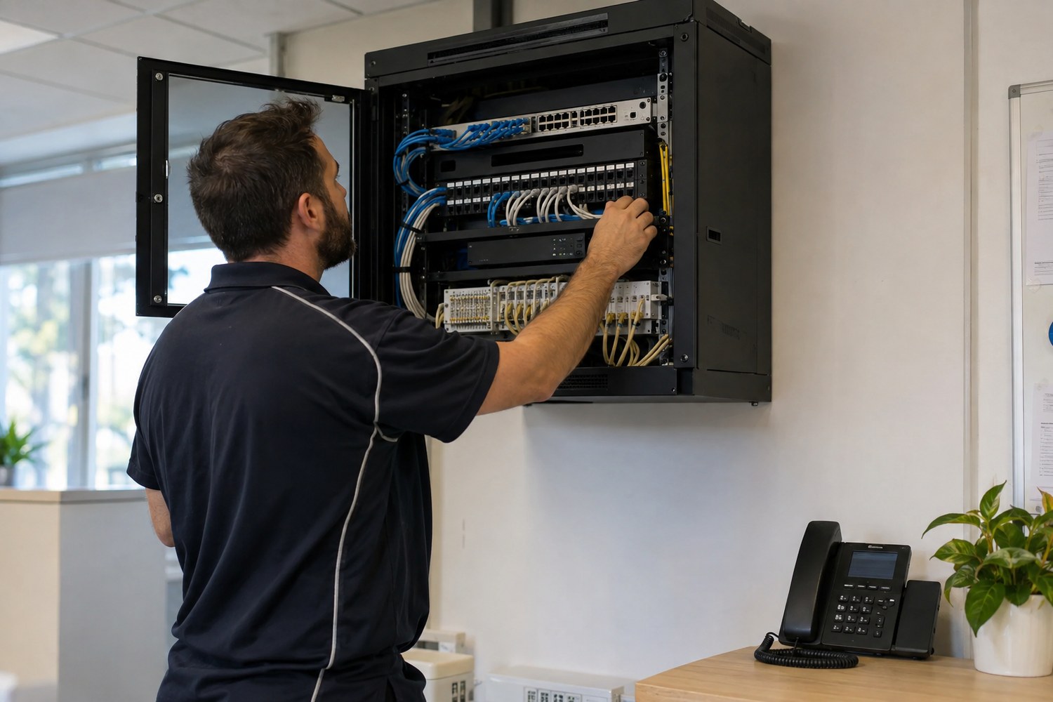 Technician inspecting a modern office communications cabinet