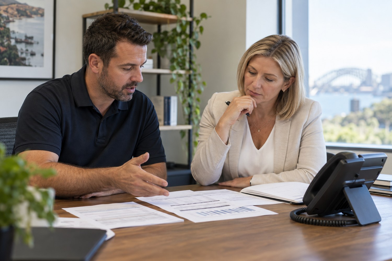 Business manager and adviser reviewing an internet plan quote