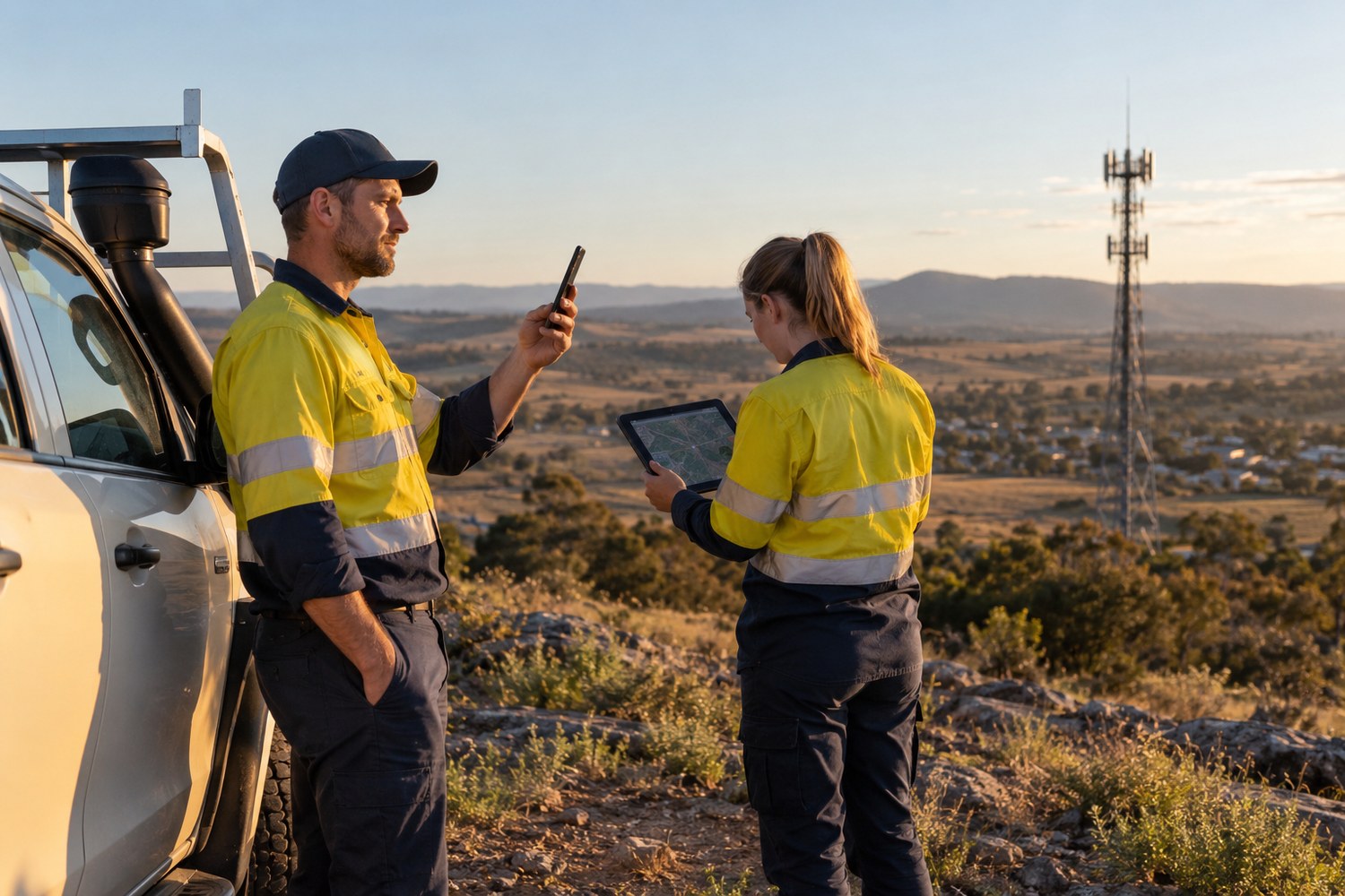 Regional field workers checking mobile coverage beside a ute