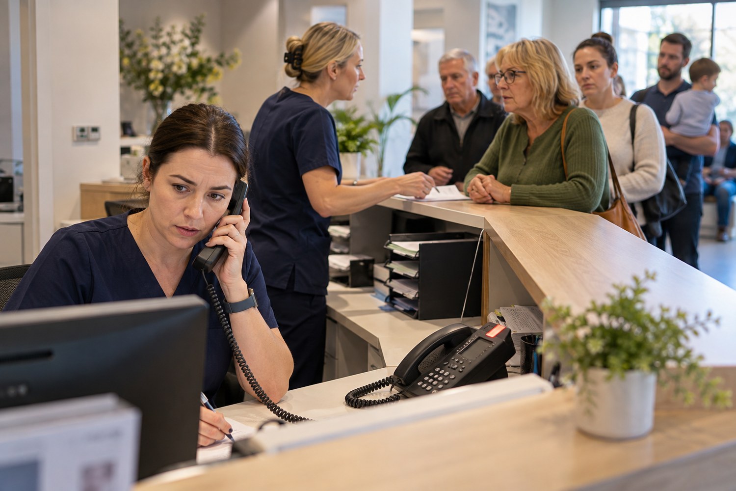 Busy clinic receptionist on a call while patients wait at the counter