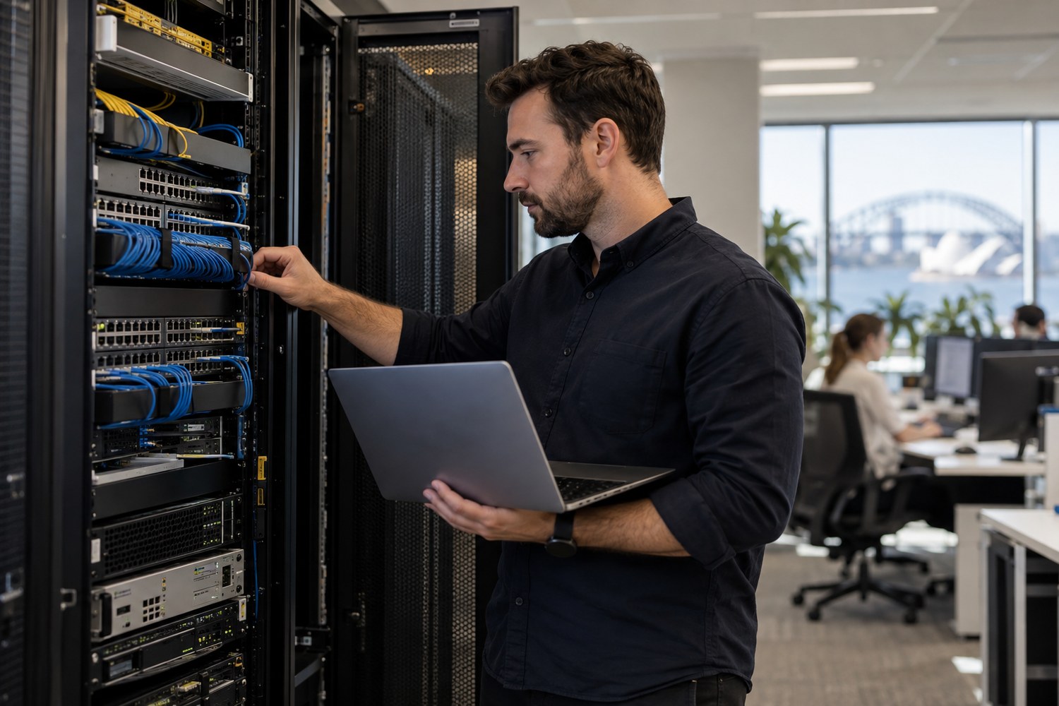 IT administrator checking an office network cabinet