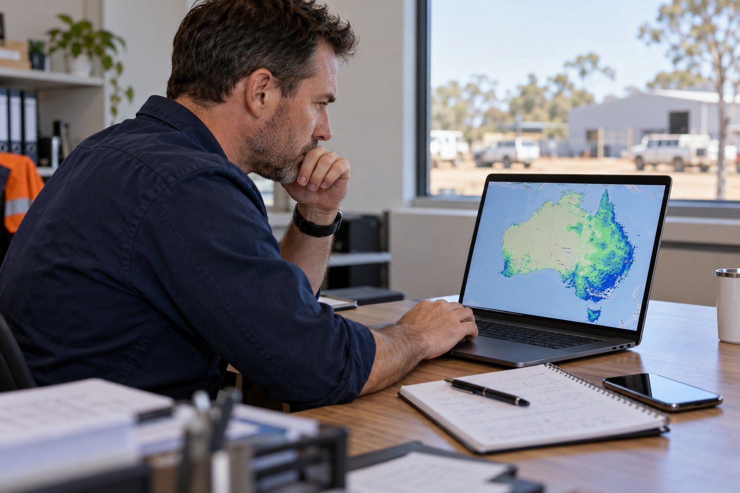Operations manager checking a mobile coverage map on a laptop