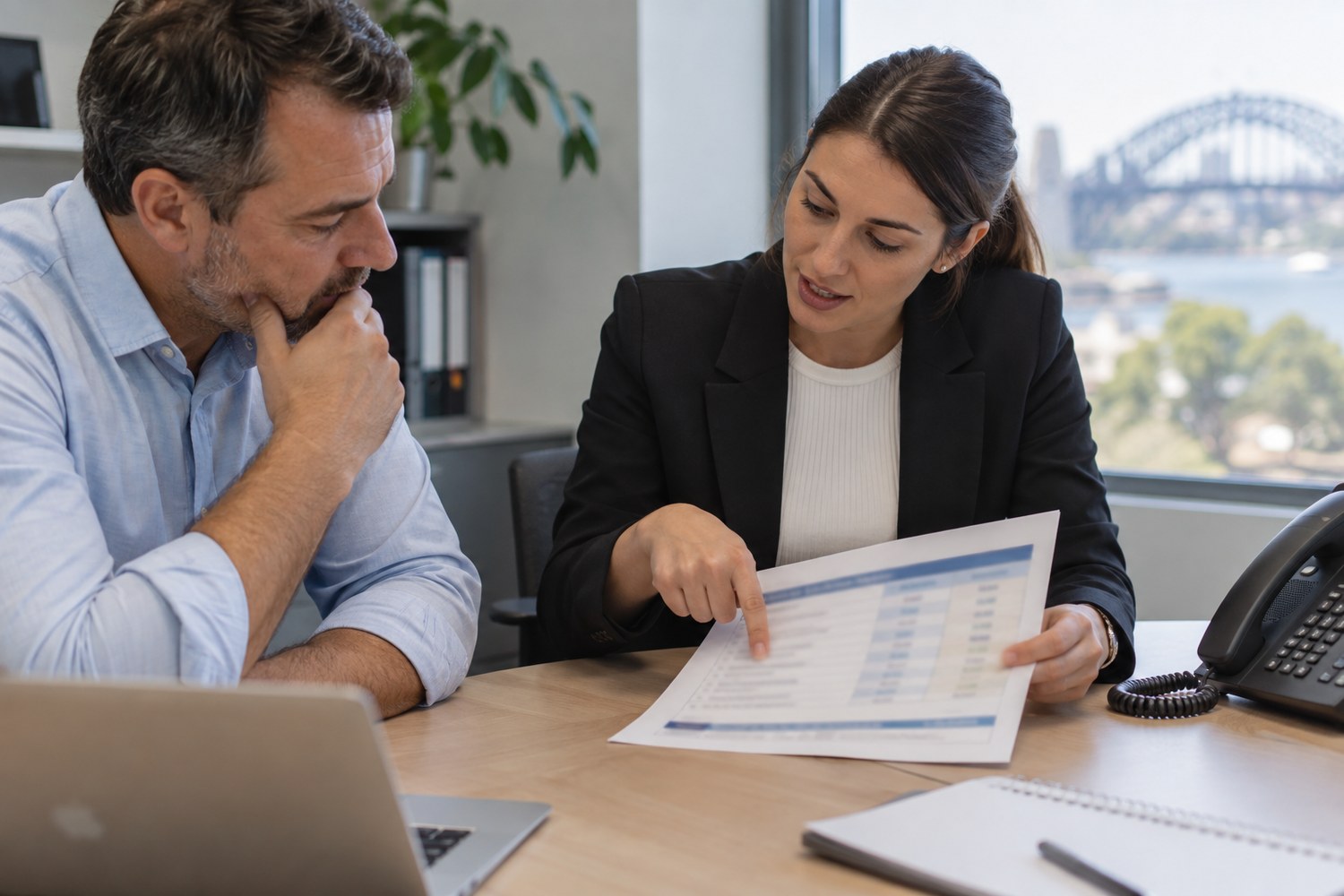 Business owner and adviser comparing an internet plan's speed figures