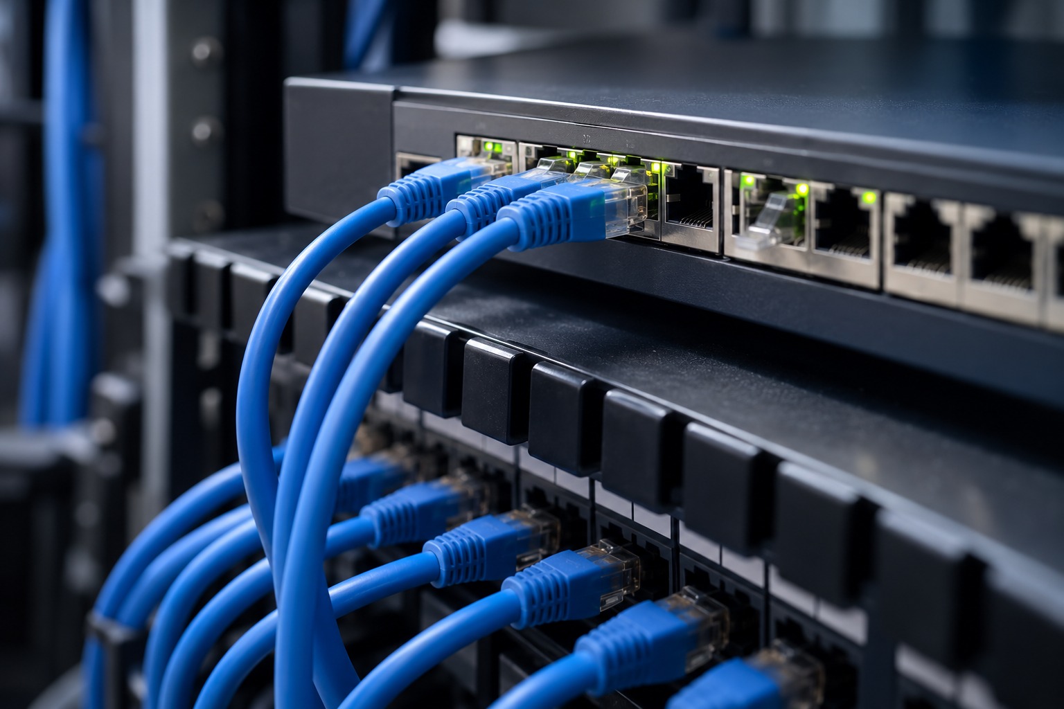 Blue Ethernet patch cables connect network equipment in a communications rack.