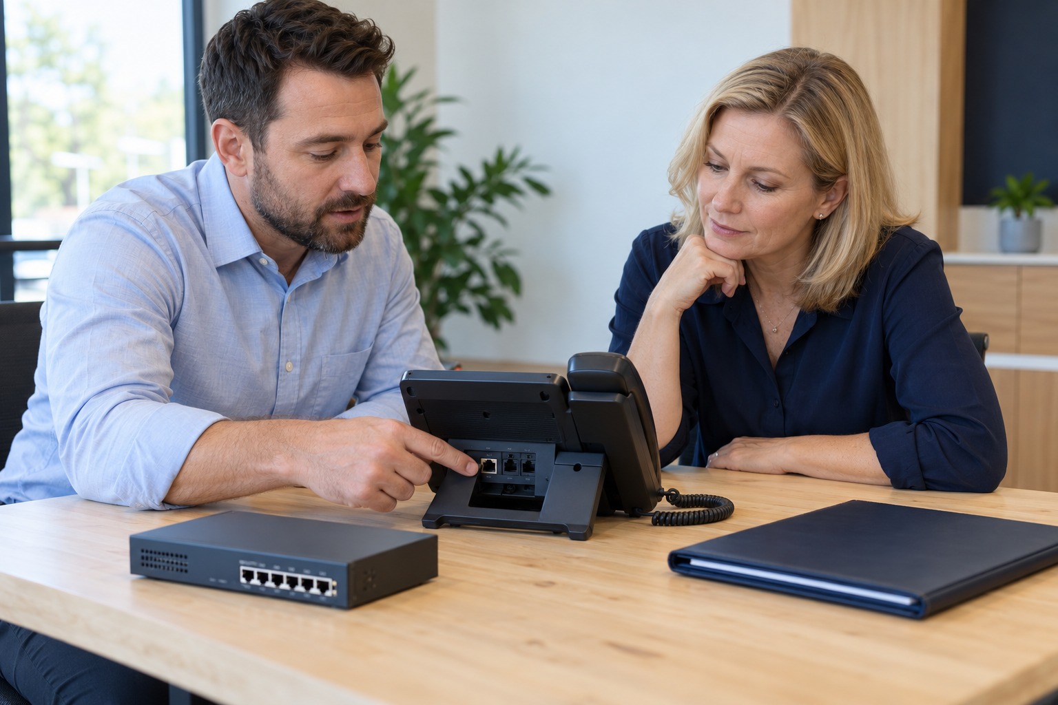 A consultant explains a business desk phone's network ports beside a switch and proposal folder.