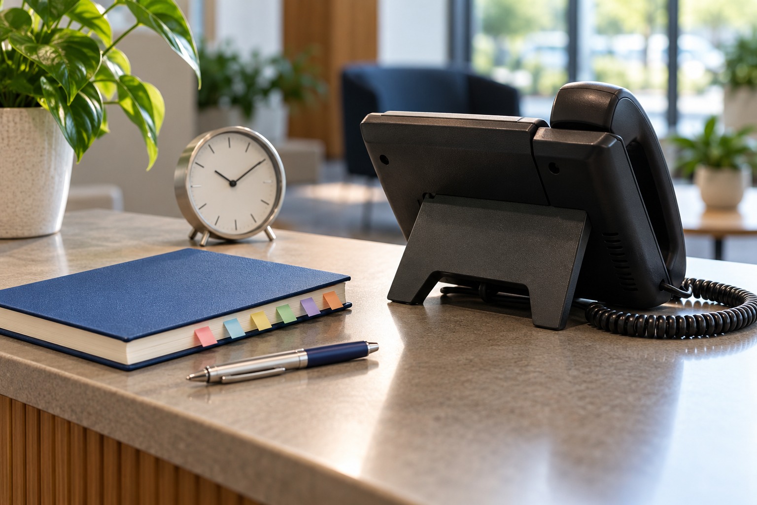 A tabbed notebook, pen and analogue clock sit beside a business desk telephone.