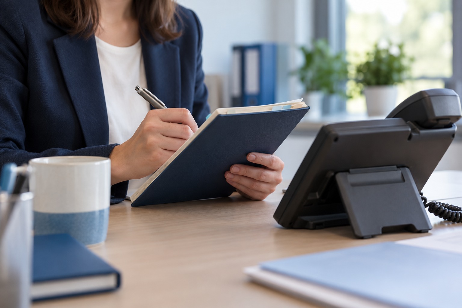 An office worker compiles notes in a tabbed notebook beside a desk phone.