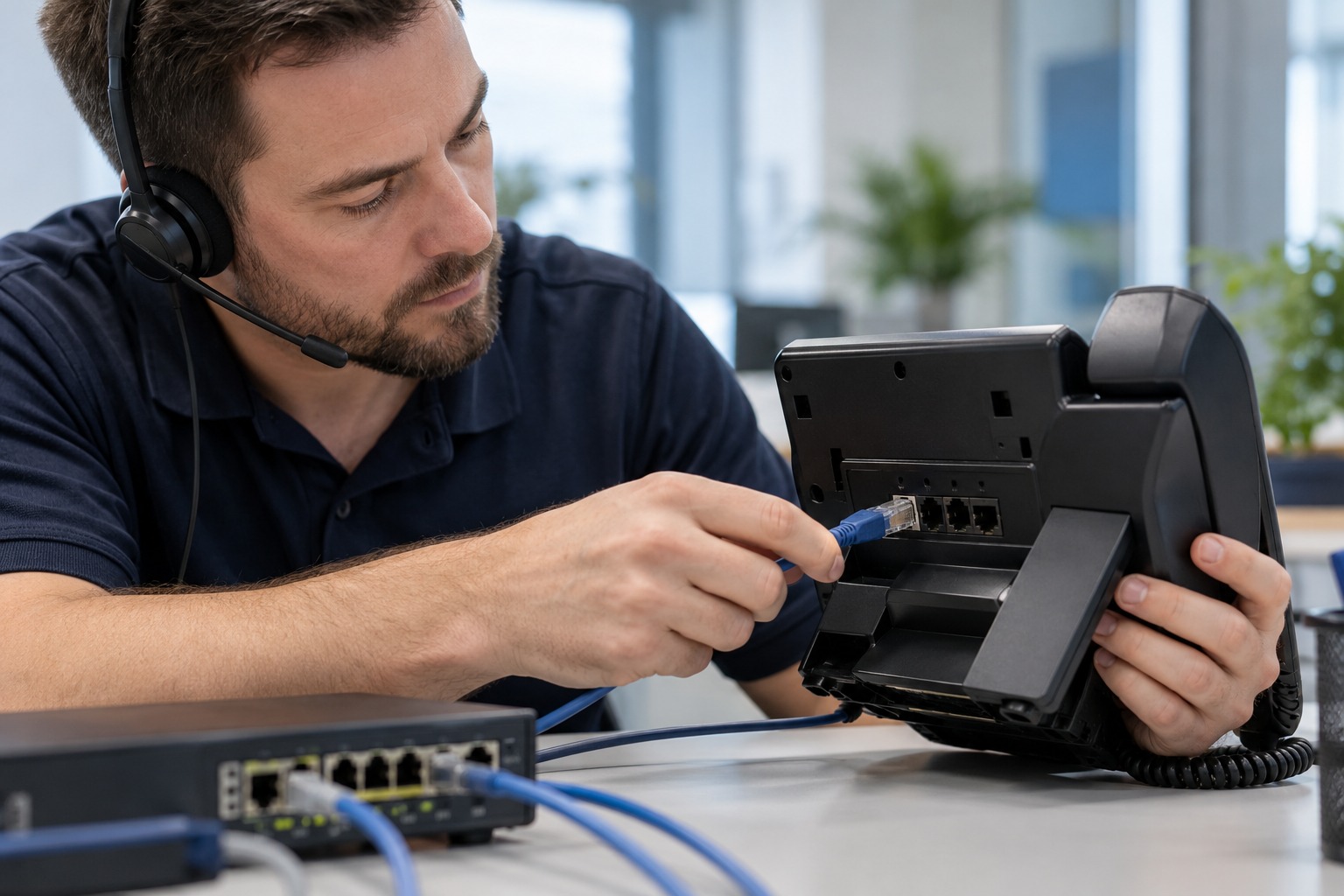 A headset-wearing technician checks an Ethernet connection at the rear of a business desk phone.