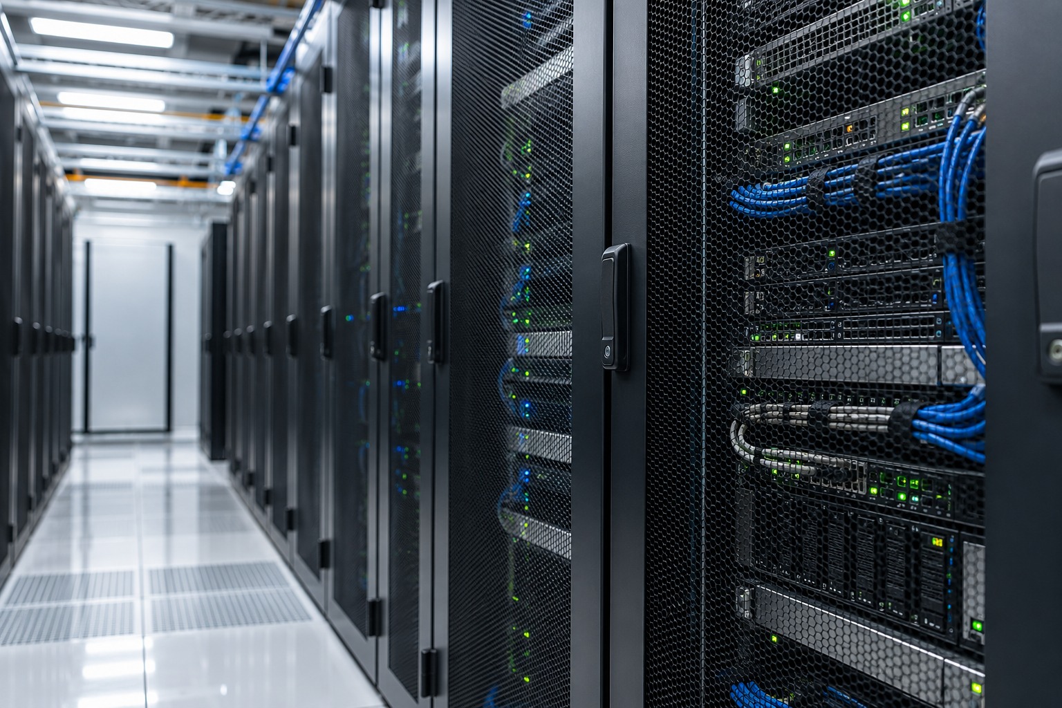 Server racks with organised cabling line a clean data-centre aisle.