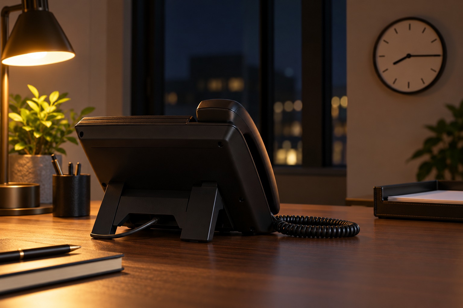 A business desk phone sits in an evening office beneath an analogue clock.