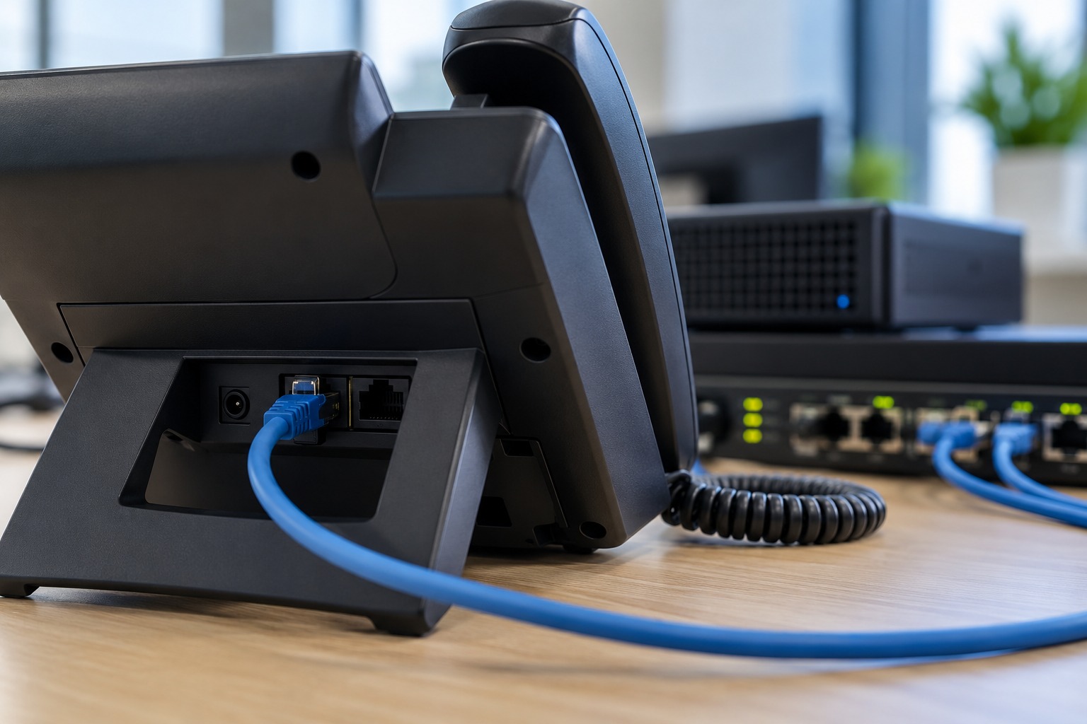 Rear view of an Ethernet-connected desk phone beside a compact server and network switch.
