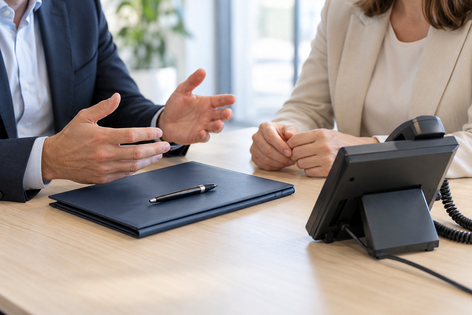 Two people discuss an agreement beside a closed folder and a business desk phone.